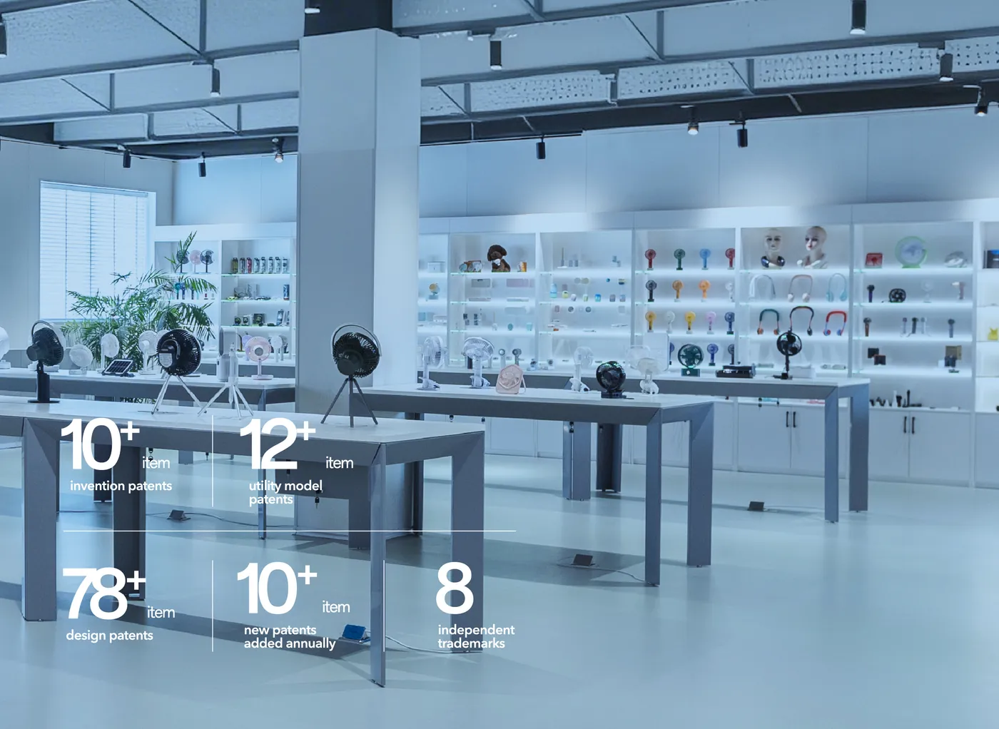 SIMTIFUL innovation showroom — 10+ invention patents, 12+ utility model patents, 78+ design patents, 10+ new patents added annually, 8 independent trademarks